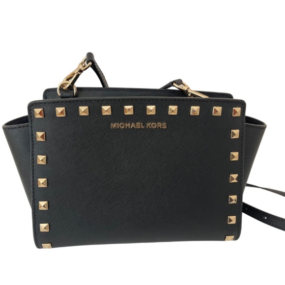 Michael Kors Selma black gold studded leather crossbody bag USED LIGHTLY - Picture 2 of 7
